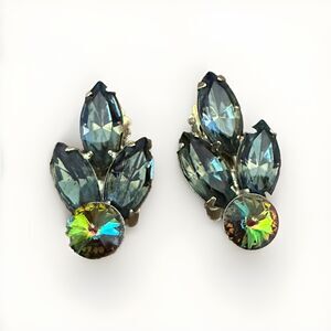 Vintage Unsigned Regency Style Rhinestone ClipOn Earrings Blue Green Mid Century